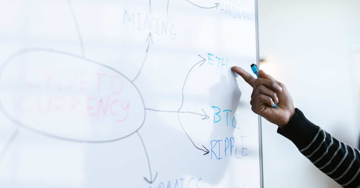 person pointing to cryptocurrency strategy diagram on whiteboard in office setting